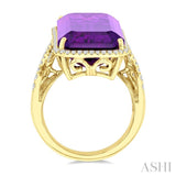 26X12 MM Evoque Gemstones Emerald Shape Amethyst and 1/2 Ctw Round Cut Diamond Halo Semi-Precious Ring in 14K Yellow Gold