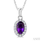 5x3 MM Oval Shape Amethyst and 1/20 Ctw Round Cut Diamond Halo Semi-Precious Pendant with Chain in 10K White Gold