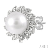 6x6 MM Round Shape Cultured Pearls and 1/10 Ctw Sunflower Round Cut Diamond Earrings in 10K White Gold