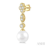 7 MM Cultured Pearls and 1/3 Ctw Round Cut Diamond Drop Earrings in 14K Yellow Gold